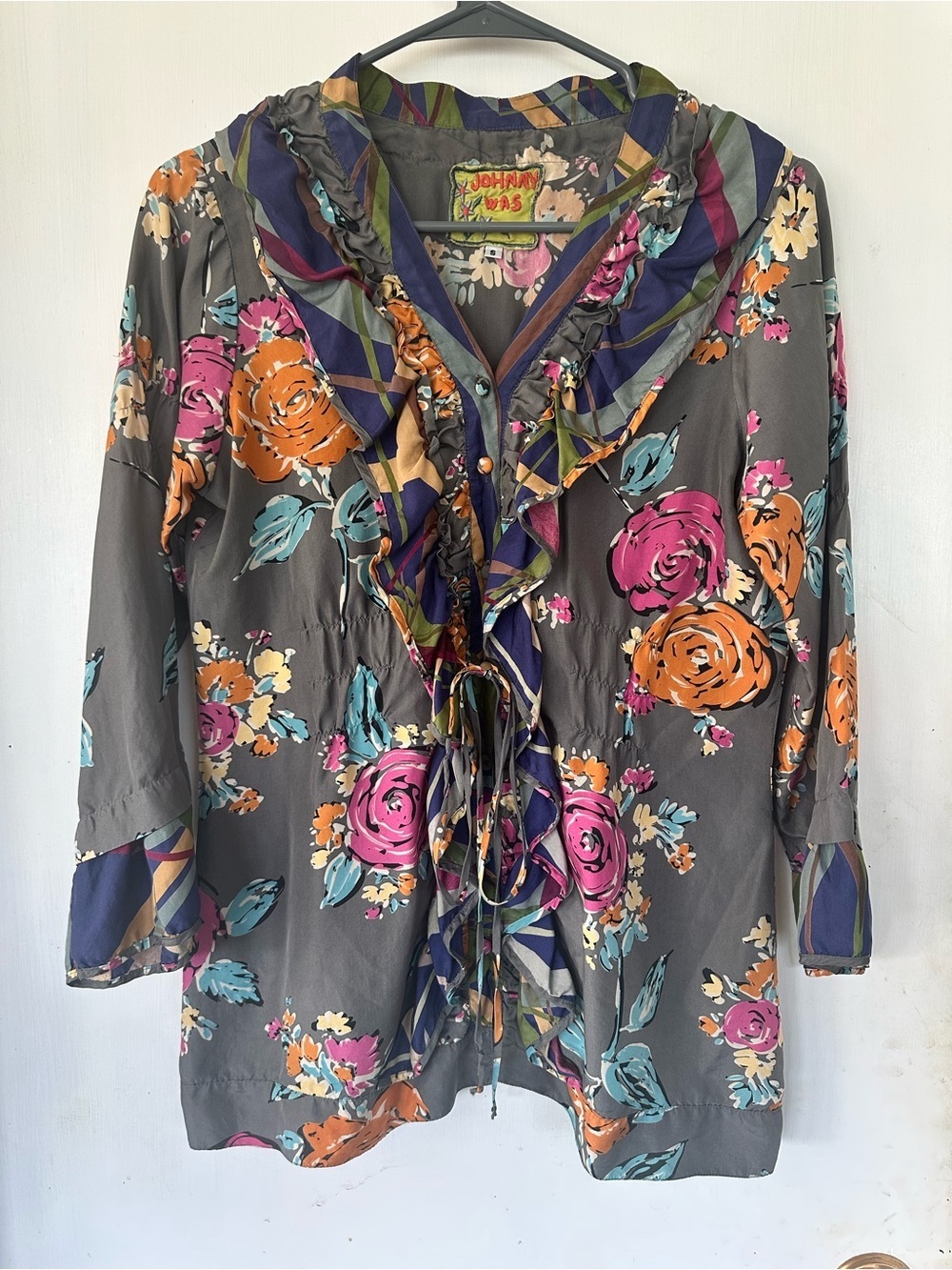 Johnny Was Abstract Rose Silk Blouse Top Grey Pink Orange Size Small